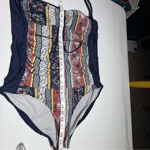 Boho Floral Navy One Piece Swimsuit Tummy Control Ruched Bathing Suit Large